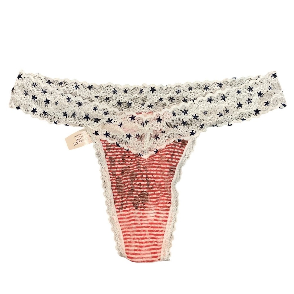 VICTORIA'S SECRET ‎ Red White Blue Star Flag 4th Of July LACE Vtg THONG PANTIES
